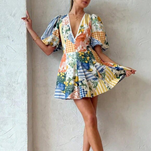 Multicolor Boho Women's Lemon Color Patchwork Wavy Print Mni Dress - Picture 2 of 5